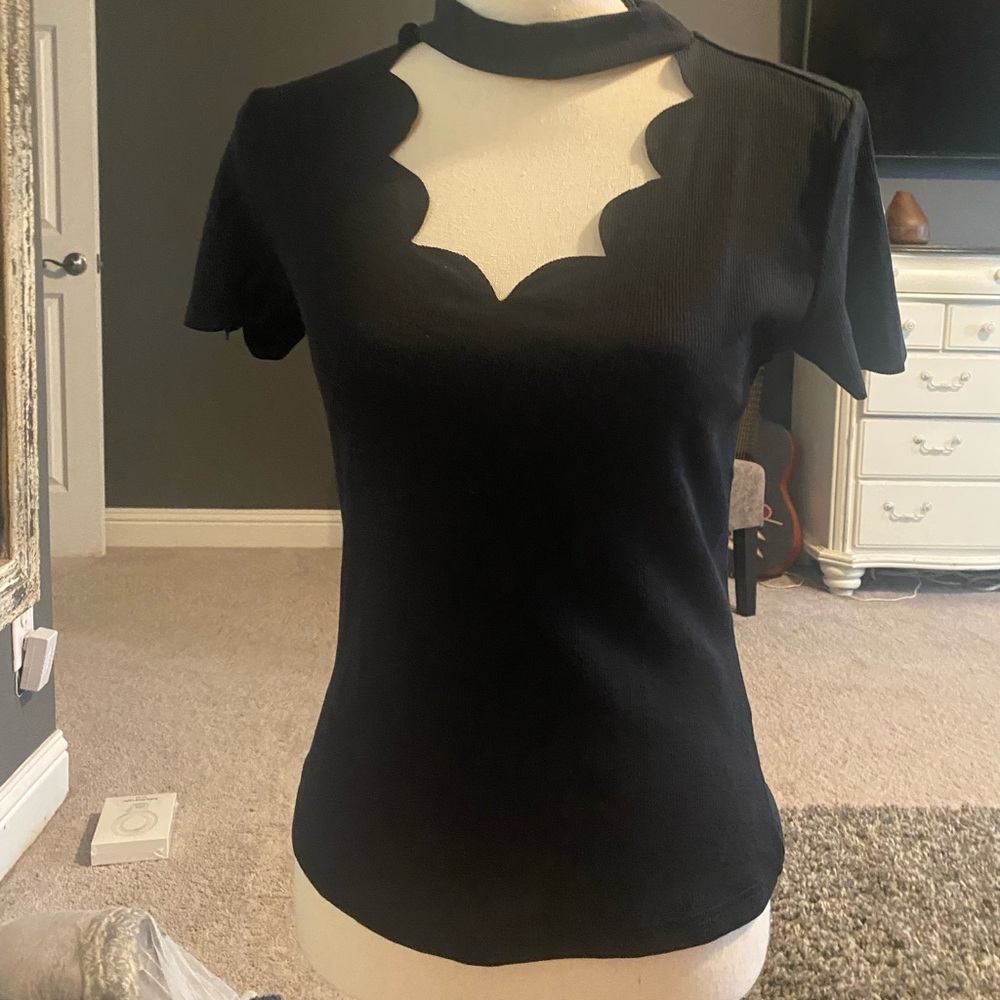 Black scalloped scoop neck